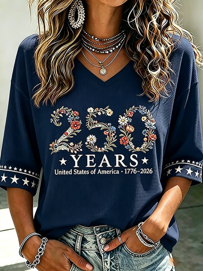Ladies' American Flag Printed Casual Long Sleeve V-neck T-shirt