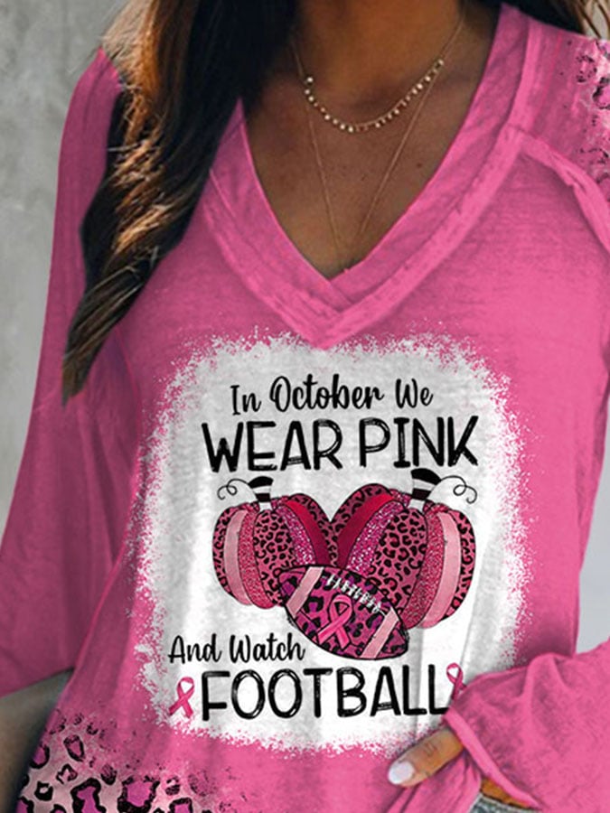 Leopard In October We Wear Pink And Watch Football Print Long Sleeve T-Shirt