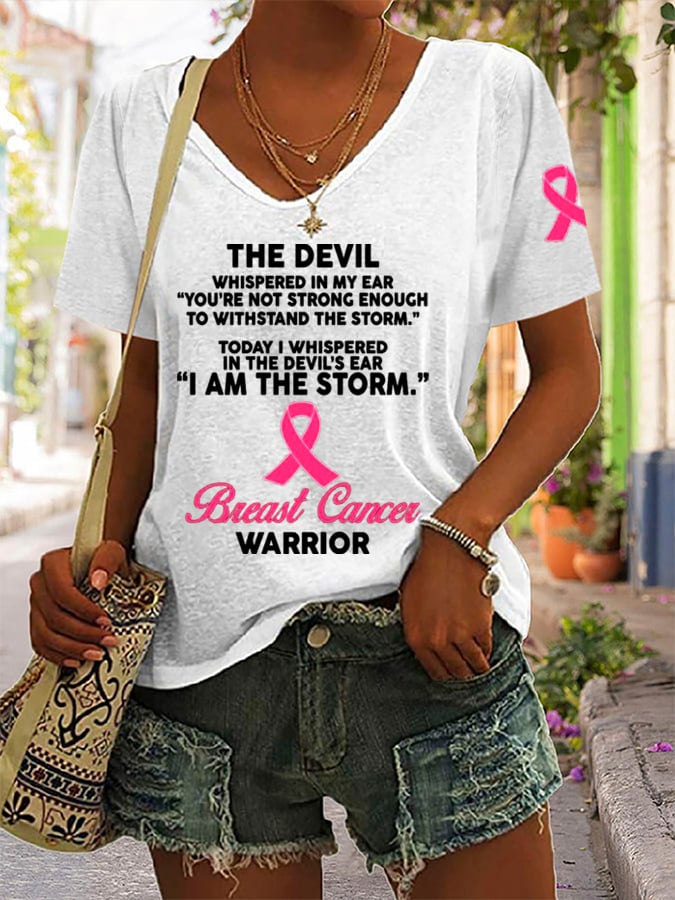 Women's The Devil- Breast Cancer Awareness Support Ribbon Print Casual T-Shirt