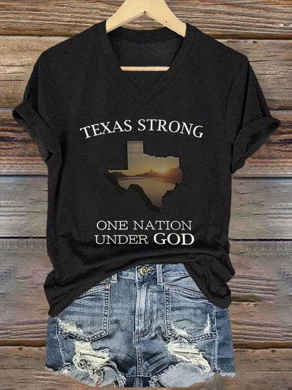 🙏💔Join us in praying for Texas.🙏V-Neck Retro Texas Strong One Nation Under God Print T-Shirt