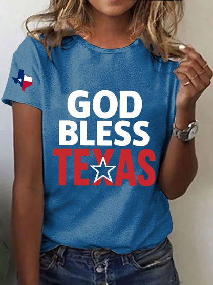 Women's Texas Flood God Bless Texas Print Casual T-Shirt