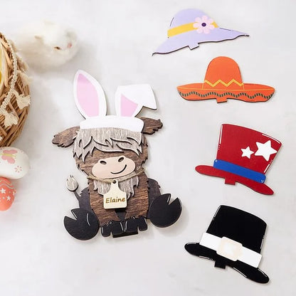 Cute Highland Cow Wooden Tabletop Decor with 12 Interchangeable Hats
