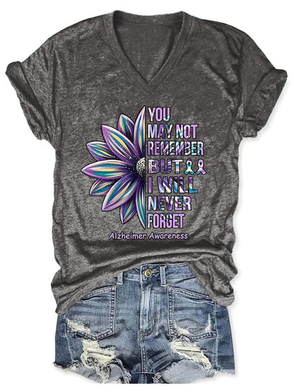 V-neck Retro Alzheimer's Awareness You May Not Remember But I Will Never Forget T-Shirt