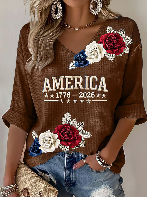 Ladies' American Flag Printed Casual Long Sleeve V-neck T-shirt