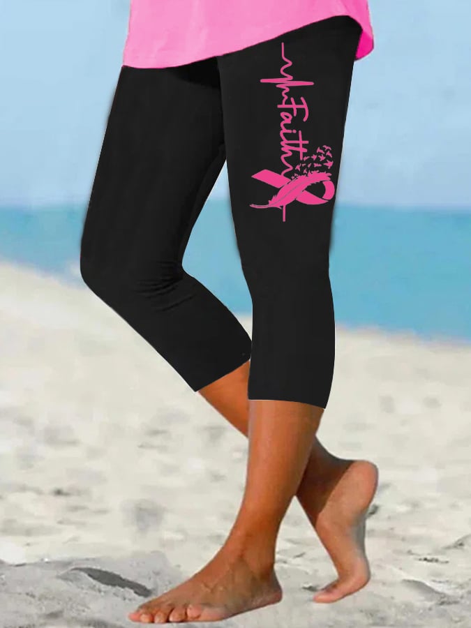 Women's Faith Hope Love Breast Cancer Awareness Pink Ribbon Butterfly Print Leggings