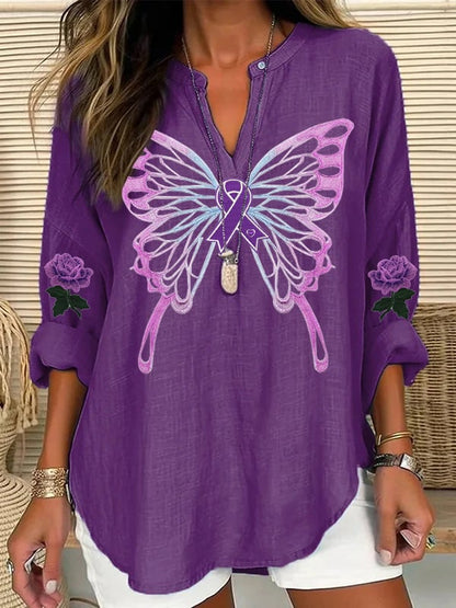Women's Purple Alzheimer Awareness Butterfly Print Casual Linen Blouse