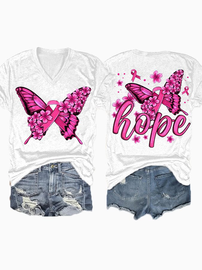Breast Cancer Awareness Print V-Neck Casual T-Shirt