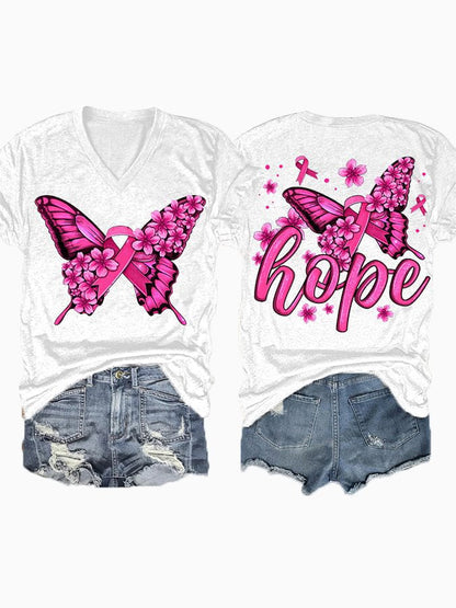 Breast Cancer Awareness Print V-Neck Casual T-Shirt