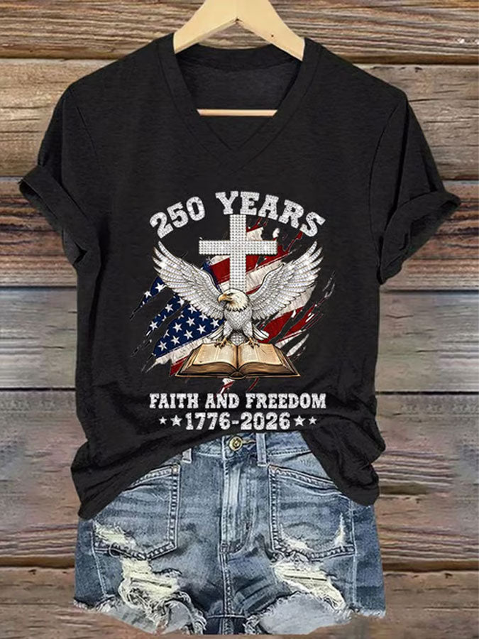 Women'S America Flag Floral Print Casual V-Neck T-Shirt
