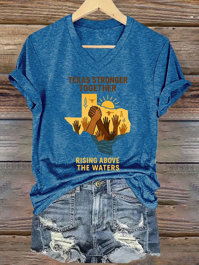 🙏💔Join us in praying for Texas.🙏Women's Texas Stronger Together Rising Above The Water Print T-shirt