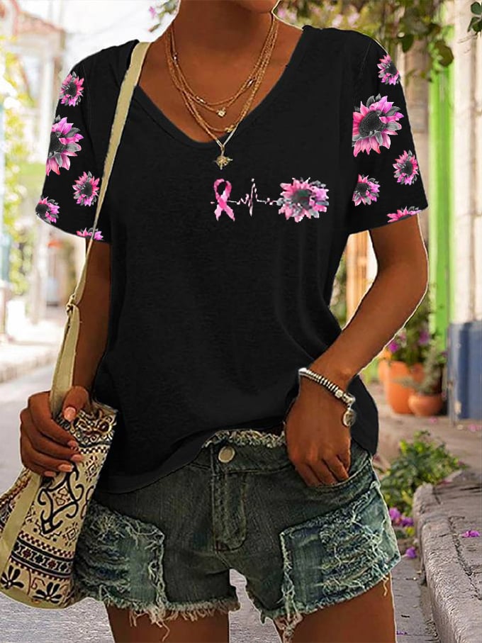 Women's In October We Wear Pink Breast Cancer Awareness Print V-Neck T-Shirt