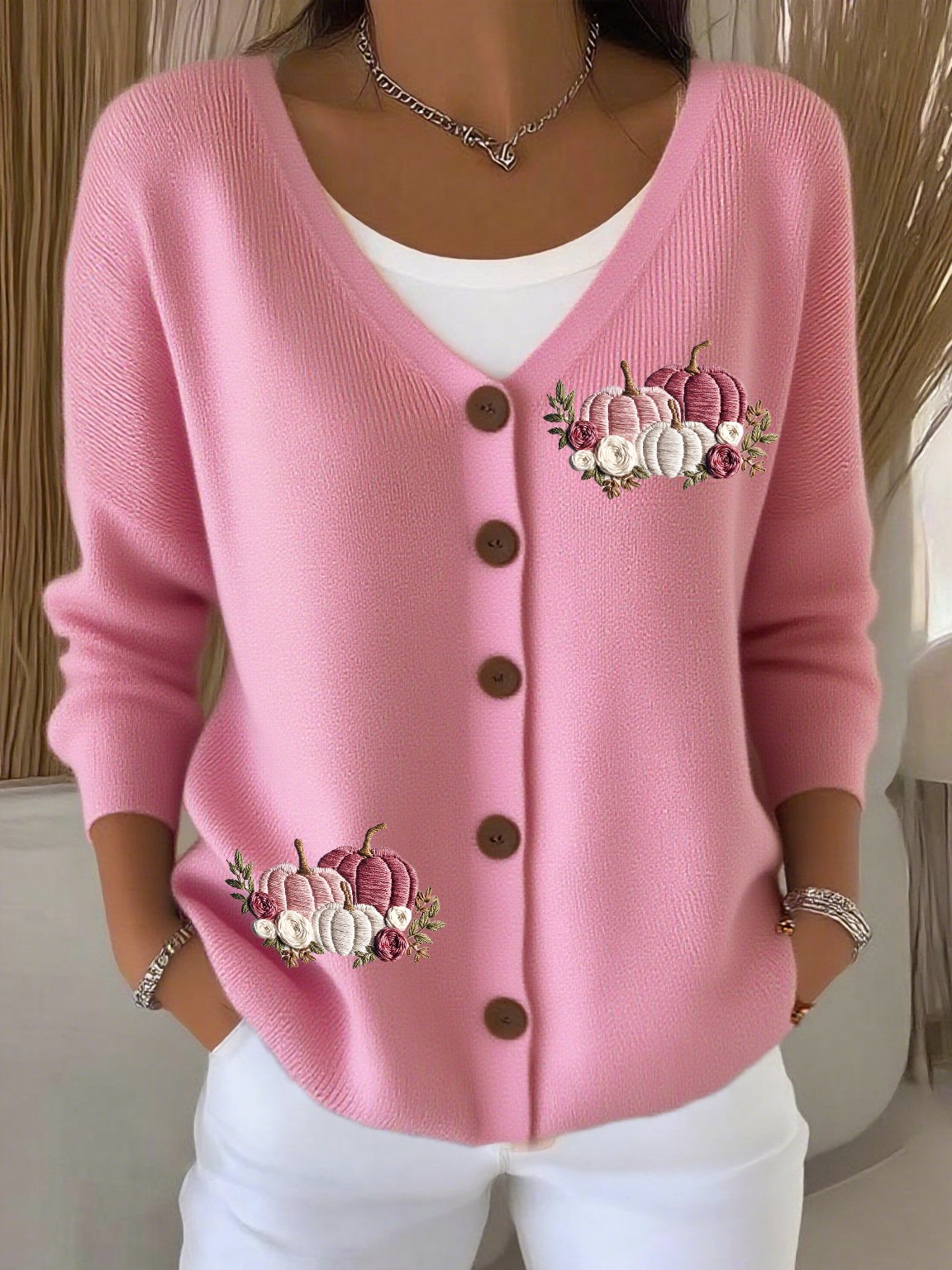 Women's Casual Autumn And Winter Pink Pumpkin Cardigan
