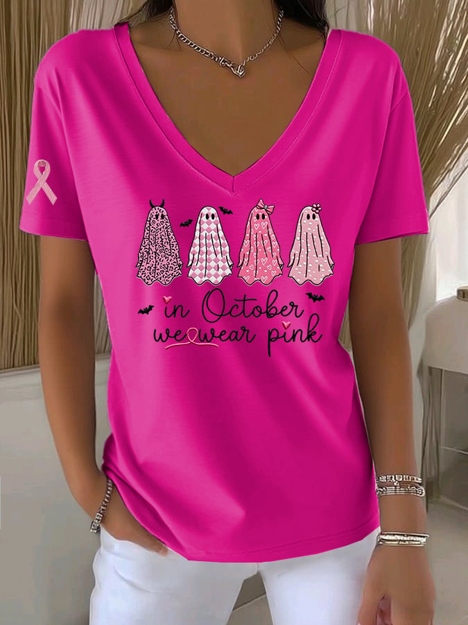 Women's Casual All-Match Solid Color Pink Ghost Ribbon V-Neck T-Shirt