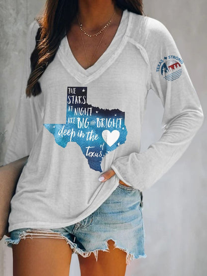 🙏💔Join us in praying for Texas.🙏V-neck Retro Texas Strong The Stars At Night Are Big And Bright Deep In The Heart Of Texas Print T-Shirt