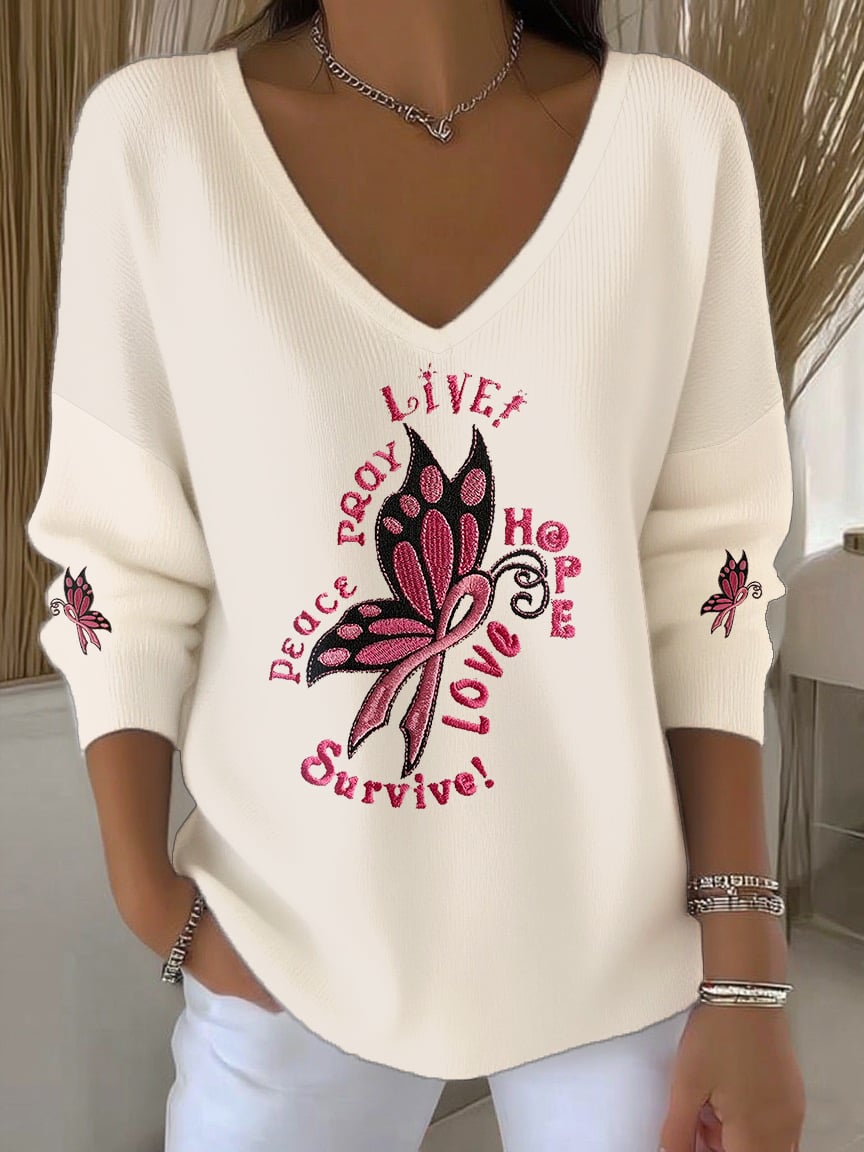 Women's Butterfly Embroidery Print V-Neck Long Top