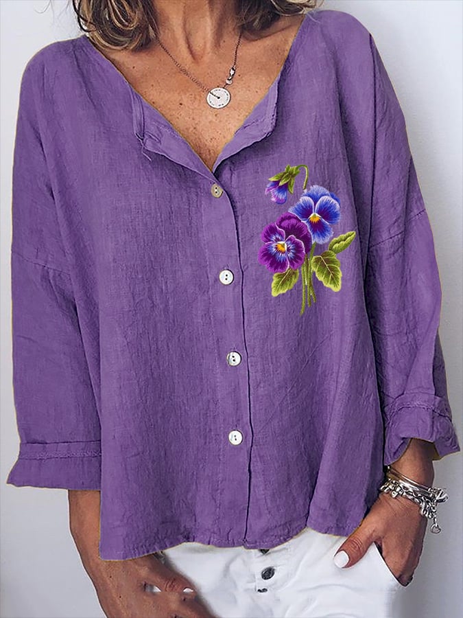 Women's Purple Floral Print Casual Cotton And Linen Top