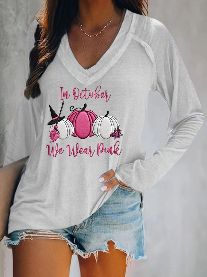 Women's Breast Cancer In October We Wear Pink Printed V-Neck T-Shirt
