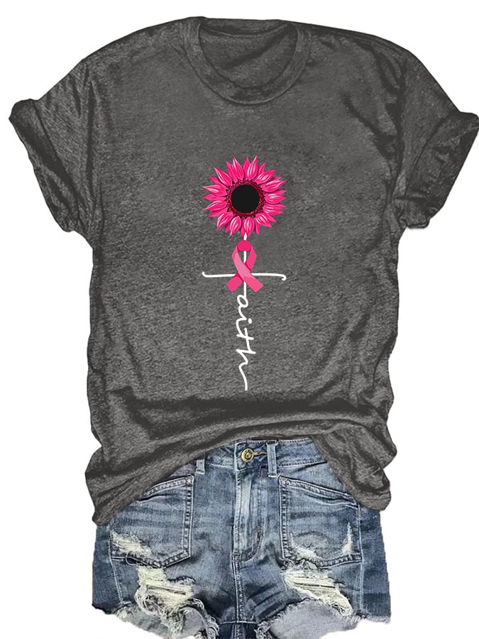 Women's Faith Hope Love Breast Cancer Awareness Sunflower Pink Ribbon T-Shirt