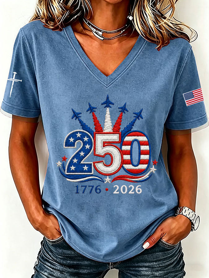 Women'S America Flag Floral Print Casual V-Neck T-Shirt