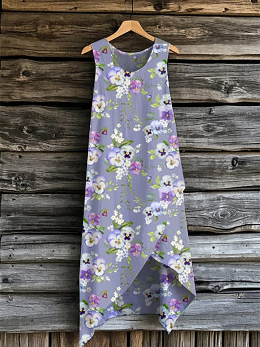 Women's Purple Vintage Floral Print Irregular Hem Sleeveless Dress