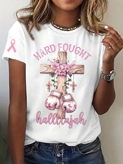 Women's Breast Cancer Awareness HARD FOUGHT CROSS Print T-shirt