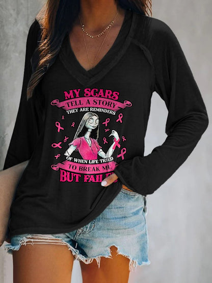 V-Neck Breast Cancer Awareness My Scars Tell A Story They Are Reminders Of When Life Tries To Break Me But Failed Long Sleeve T-Shirt