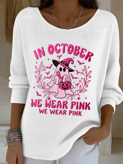 Women's Pink Cute Ghost Print Long Striped Top