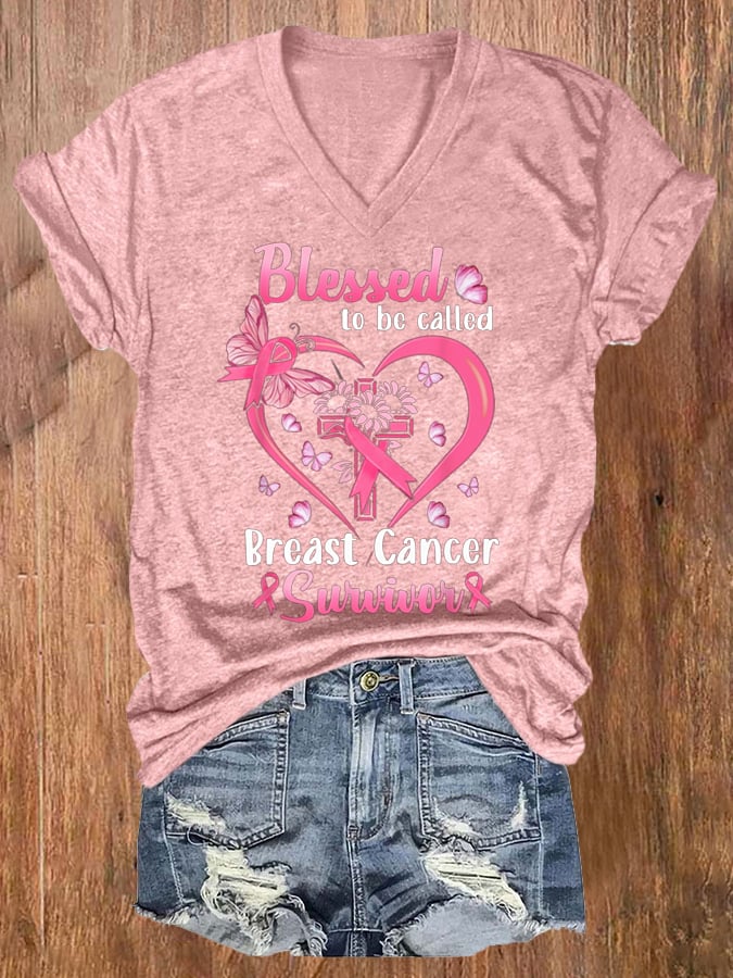 Women'S Blessed To Be Called Breast Cancer Survivor Printed T-Shirt