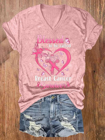 Women'S Blessed To Be Called Breast Cancer Survivor Printed T-Shirt
