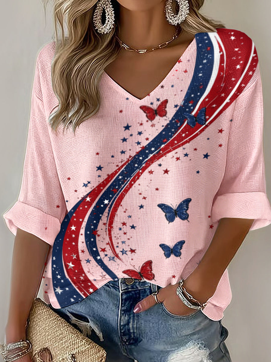 Women's American Flag Printed Casual Waffle Long Sleeve T-shirt