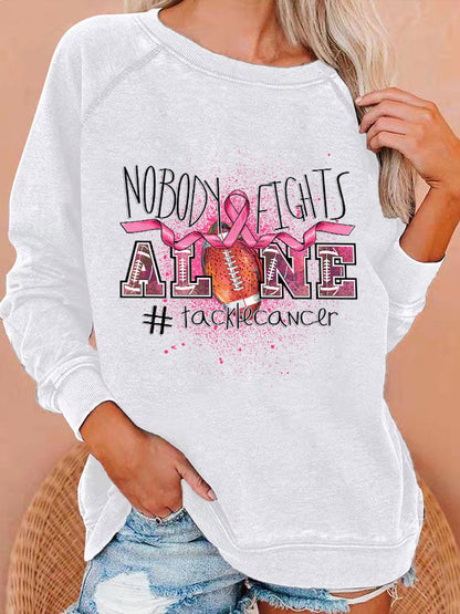 Women's Nobody fights alone Football Breast Cancer Care Month Casual Round Neck Sweatshirt