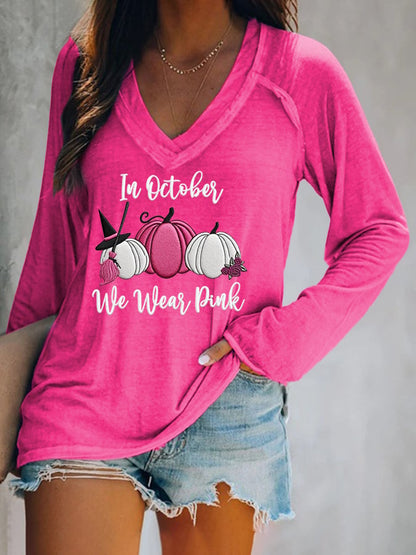 Women's Breast Cancer In October We Wear Pink Printed V-Neck T-Shirt