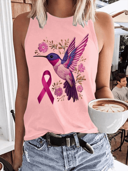 Womens Breast Cancer Awareness Hummingbird Heat Pressed Casual Tank Top