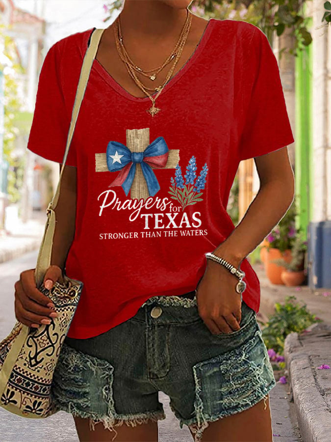 🙏💔Join us in praying for Texas.🙏V-Neck Retro Texas Strong Prayers For Texas Stronger Than The Waters Faith Cross Print T-Shirt