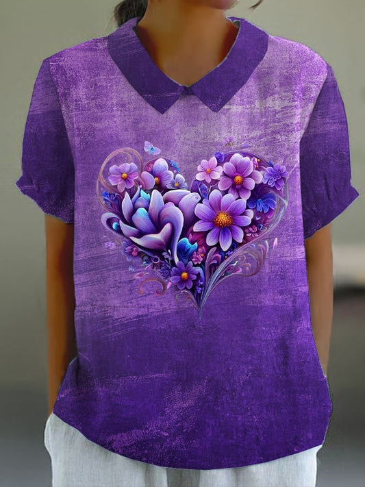 Women's Purple Heart Floral Print Casual Lapel T-shirt