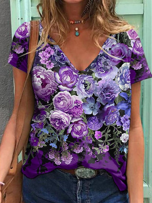 Women's Alzheimer'S Disease Awareness Flower Print T-shirt