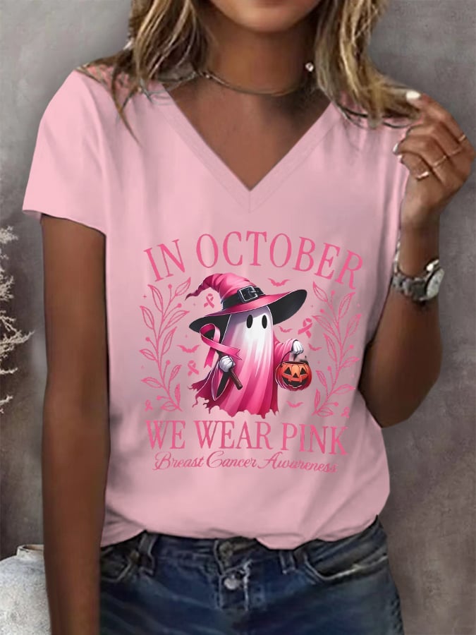 Women's In October We Wear Pink Breast Cancer Awareness Print V-neck T-Shirt