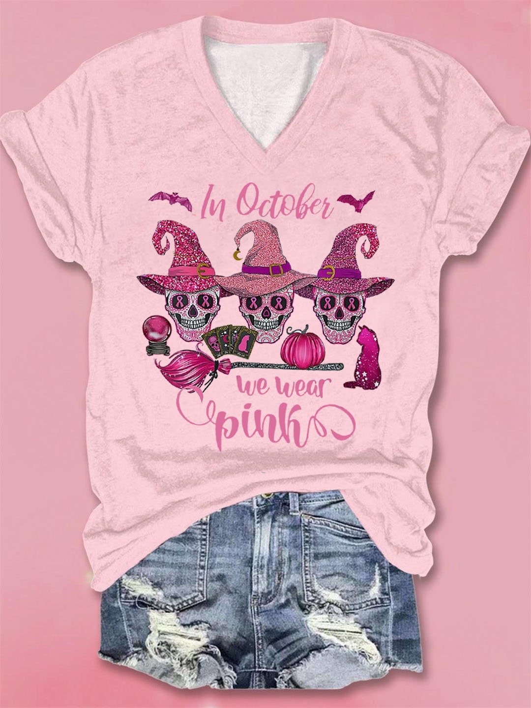 Women's Breast Cancer Awareness In October We Wear Pink Print V-Neck T-Shirt
