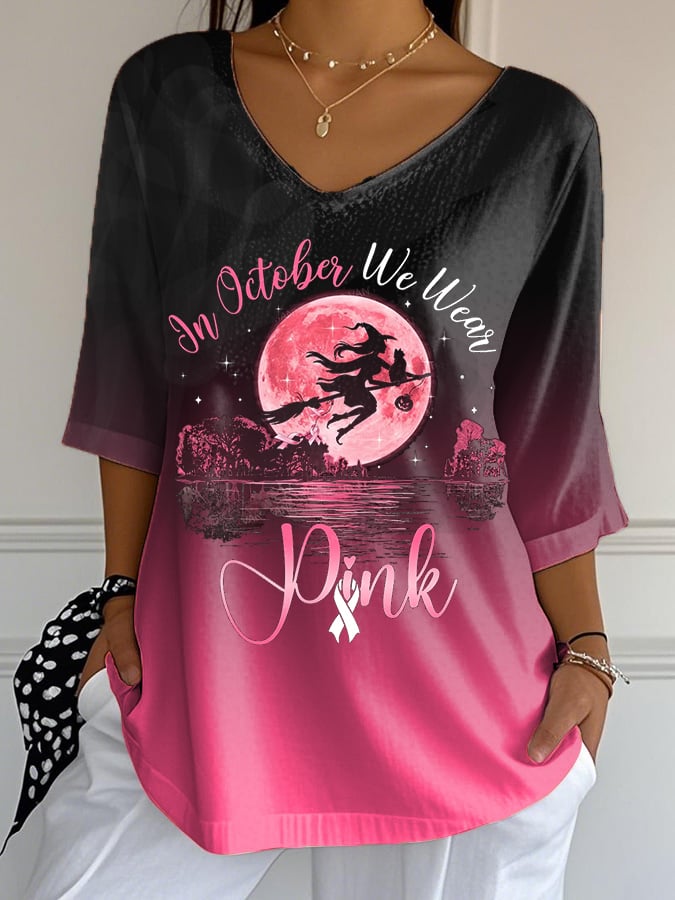 Women's In October We Wear Pink Breast Cancer Awareness Halloween Witch Print Casual T-Shirt