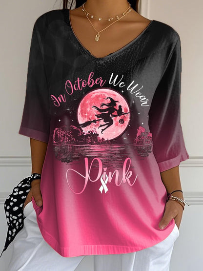 Women's In October We Wear Pink Breast Cancer Awareness Halloween Witch Print Casual T-Shirt