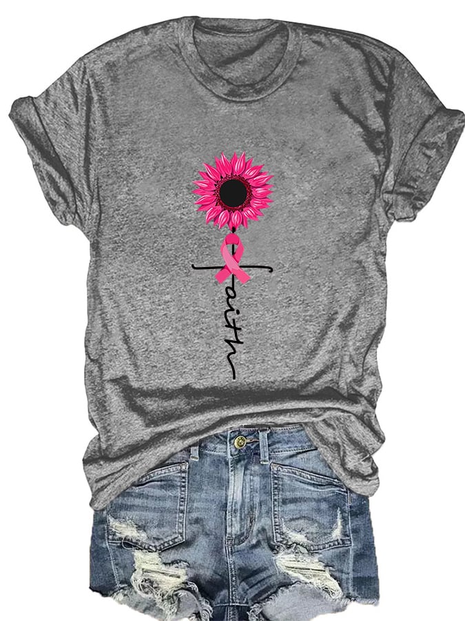 Women's Faith Hope Love Breast Cancer Awareness Sunflower Pink Ribbon T-Shirt