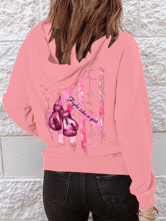 Women'S Breast Cancer Awareness Casual Printed Hooded Sweatshirt