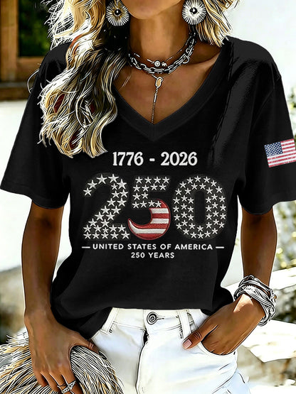 Ladies' Casual American 250Th Anniversary Celebration Personalized Printed V-Neck Short Sleeved Shirt
