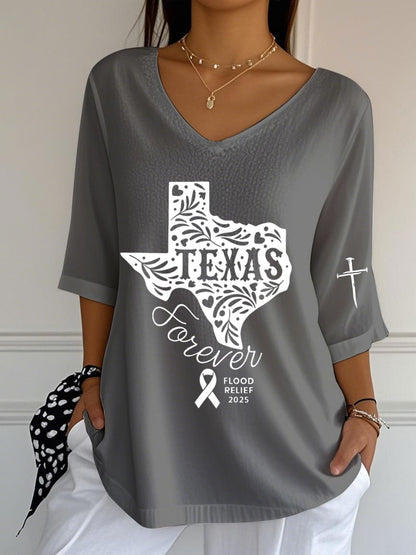 🙏💔Join us in praying for Texas.🙏Women's Texas Flood Print Casual V Neck T-Shirt