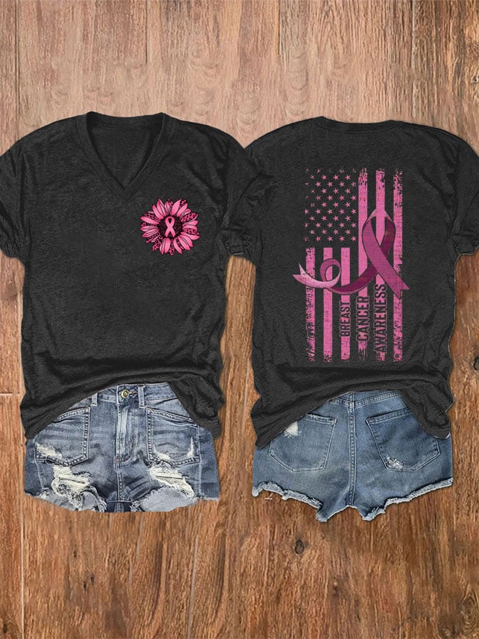 Women's Sunflower Pink Ribbon Flag Breast Cancer Awareness Print V-Neck T-Shirt