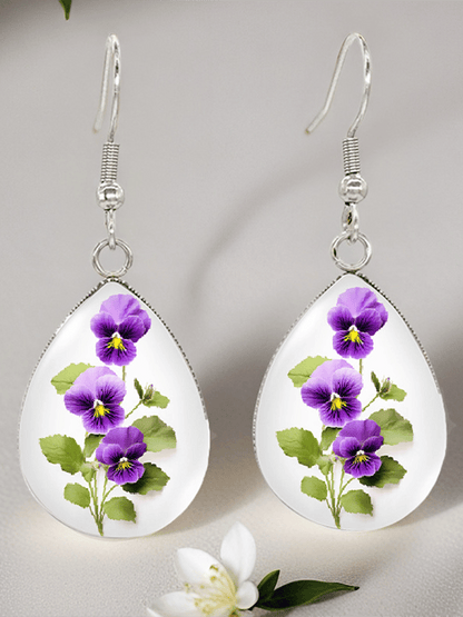 Purple Drop-Shaped Pansy Flower Design Earrings