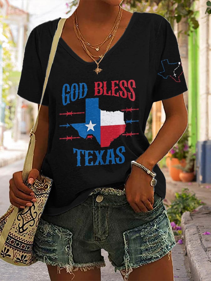 🙏💔Join us in praying for Texas.🙏V-Neck Retro Texas Strong God Bless Texas Print T-Shirt