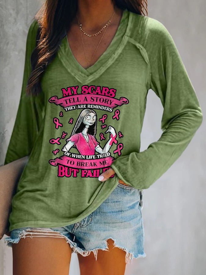 V-Neck Breast Cancer Awareness My Scars Tell A Story They Are Reminders Of When Life Tries To Break Me But Failed Long Sleeve T-Shirt