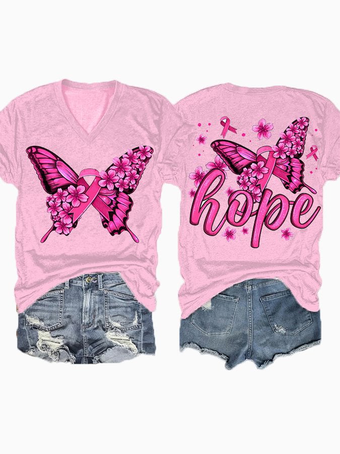 Breast Cancer Awareness Print V-Neck Casual T-Shirt