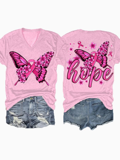 Breast Cancer Awareness Print V-Neck Casual T-Shirt